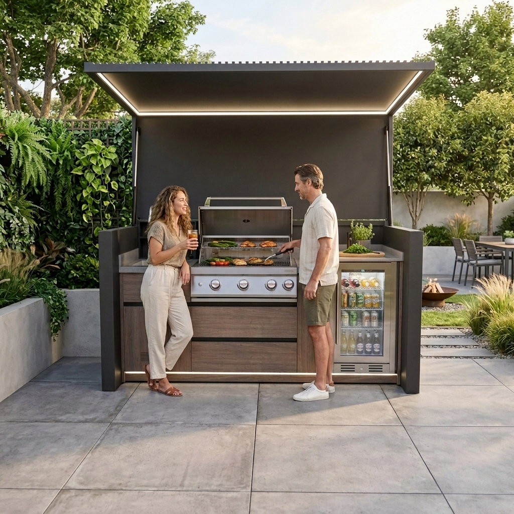 NOMA Aura buitenkeuken in gebruik tijdens een tuinmaaltijd